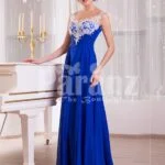 Women’s blue floor length sleek tulle skirt evening gown with white floral appliquéd bodice