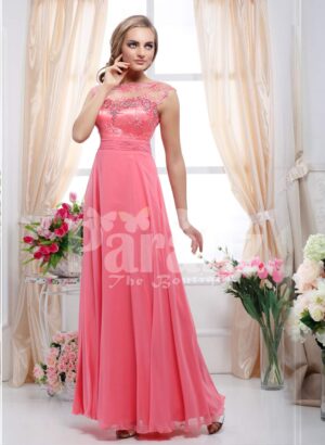 Women’s cap sleeve stylish peach pink floor length evening gown with rhinestone work bodice