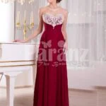 Women’s deep maroon floor length sleek tulle skirt dress with white flower appliquéd bodice