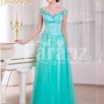 Women’s floor length elegant evening gown with mint tulle skirt and floral appliquéd bodice