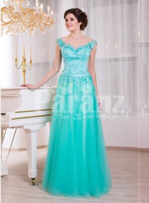 Women’s floor length elegant evening gown with mint tulle skirt and floral appliquéd bodice