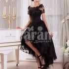 Women’s glam black high-low rich satin evening gown with delicate lace work