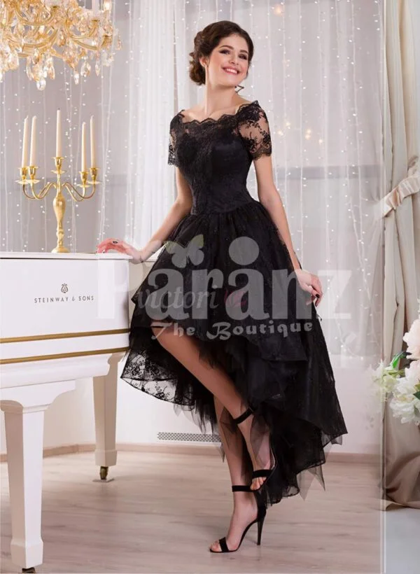 Women’s glam black high-low rich satin evening gown with delicate lace work