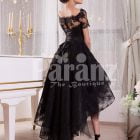 Women’s glam black high-low rich satin evening gown with delicate lace work side view