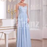 Women’s light blue sleek tulle skirt floor length gown with white floral appliquéd bodice