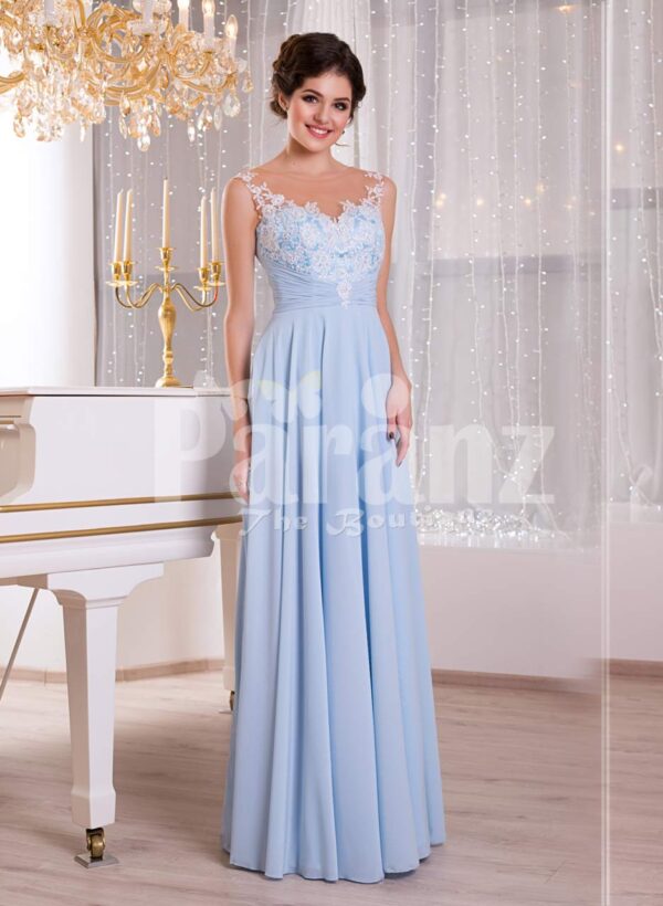 Women’s light blue sleek tulle skirt floor length gown with white floral appliquéd bodice