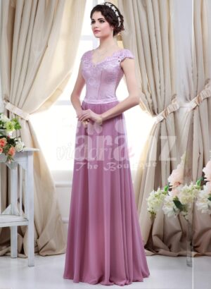 Women’s light metal pink bodice evening gown with rich mauve long tulle skirt