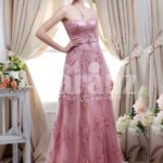 Women’s metallic pink off-shoulder evening party gown with floor length lace work skirt