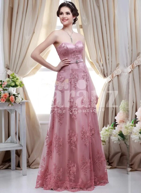 Women’s metallic pink off-shoulder evening party gown with floor length lace work skirt