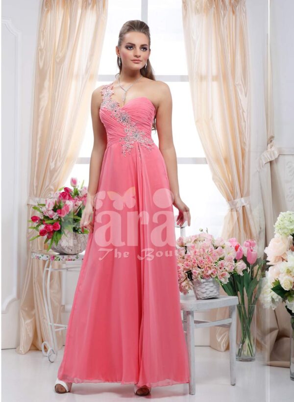 Women’s off-shoulder peach pink evening gown with rhinestone work and long tulle skirt