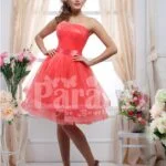 Women’s off-shoulder rich and shiny satin bodice tea length tulle skirt evening gown