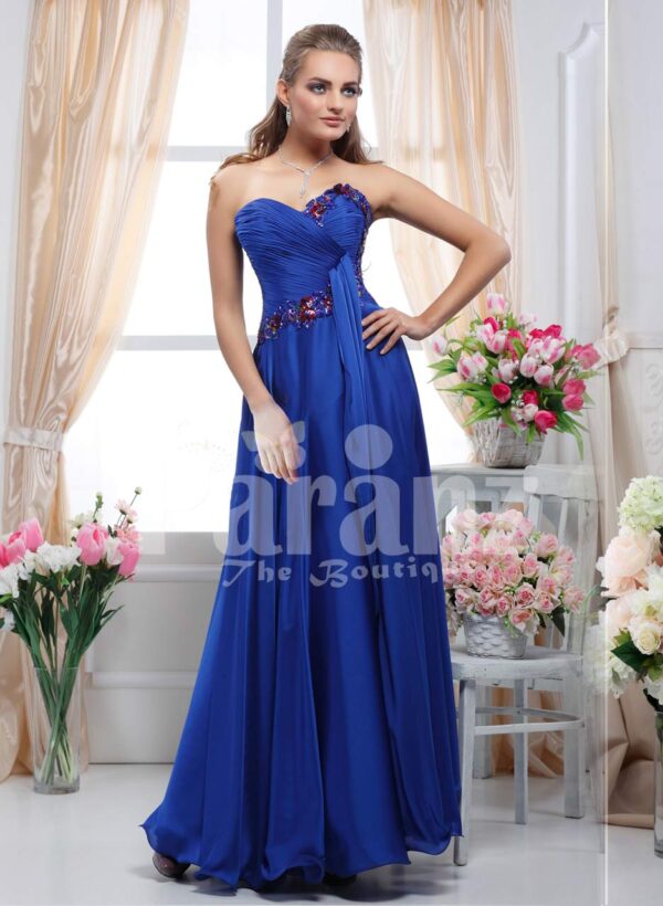Women’s off-shoulder royal blue floor length evening gown with multi-color rhinestone