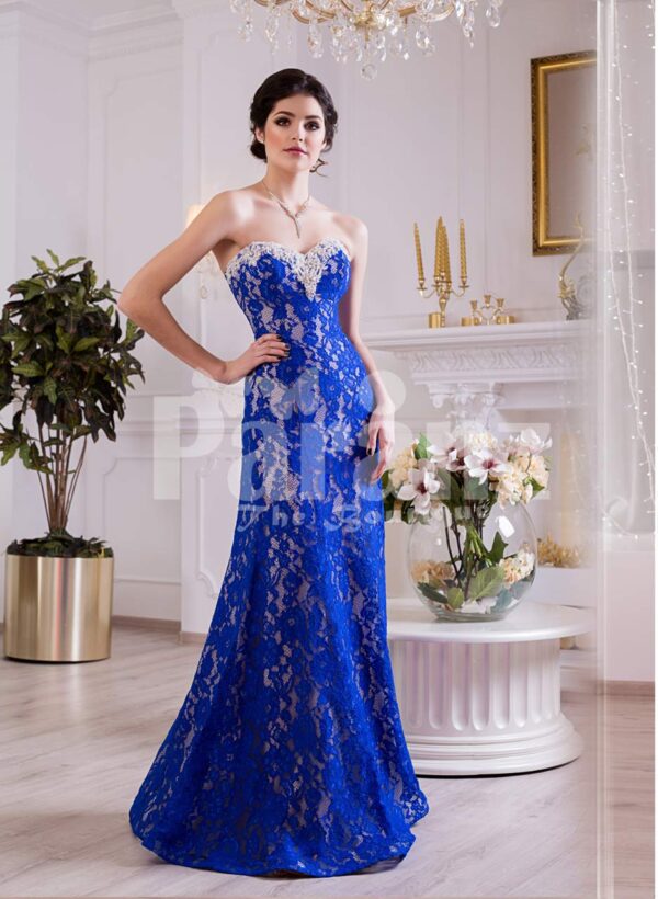 Women’s off-shoulder royal blue glam floor length evening gown with delicate white lace work