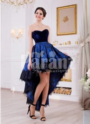 Women’s off-shoulder truly beautiful high-low evening gown with velvet bodice in blue