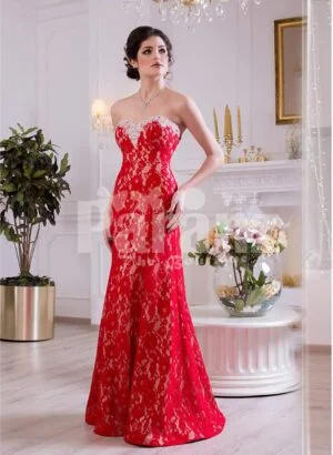 Women’s off-shoulder truly beautiful mermaid style evening gown with all over lace work side view