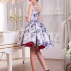 Women’s sleeveless blue floral print rich satin small evening gown with delicate lace work side view