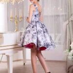 Women’s sleeveless blue floral print rich satin small evening gown with delicate lace work side view