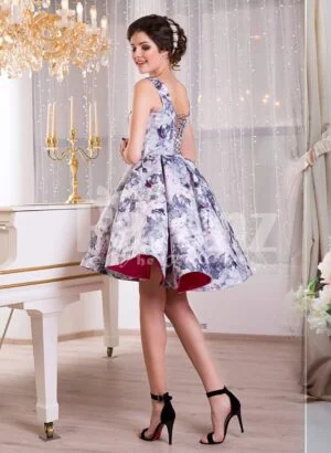 Women’s sleeveless blue floral print rich satin small evening gown with delicate lace work side view