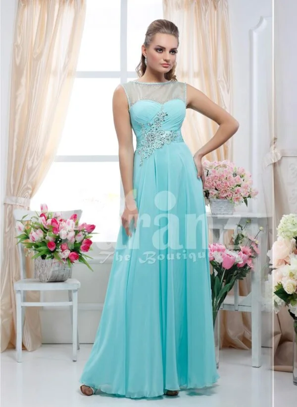 Women’s sleeveless crepe-rhinestone bodice glam evening gown with long mint tulle skirt