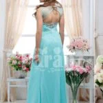 Women’s sleeveless crepe-rhinestone bodice glam evening gown with long mint tulle skirt back side view