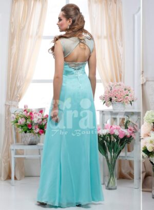 Women’s sleeveless crepe-rhinestone bodice glam evening gown with long mint tulle skirt back side view