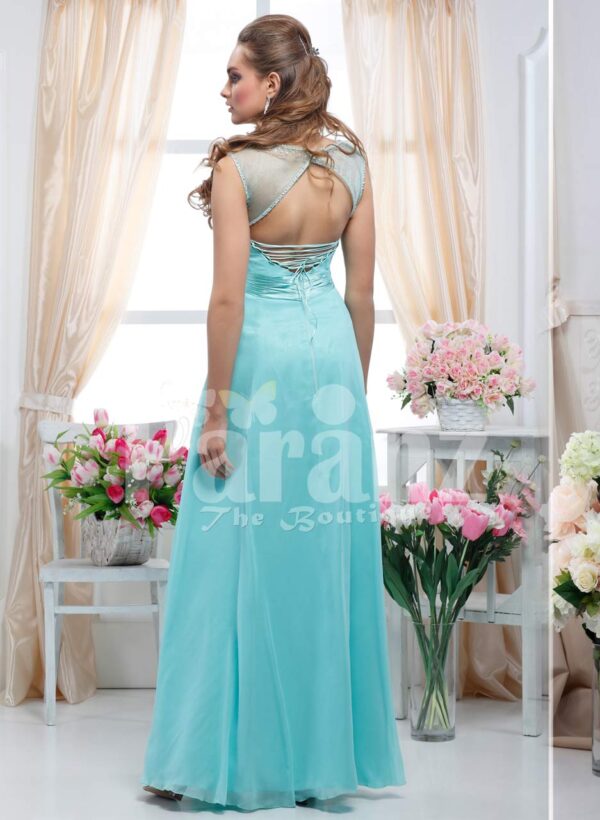 Women’s sleeveless crepe-rhinestone bodice glam evening gown with long mint tulle skirt back side view