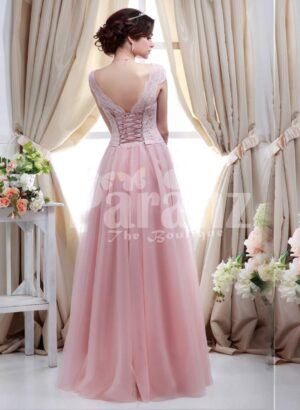 Women’s small cap sleeve royal bodice evening gown with light pink long tulle skirt side view