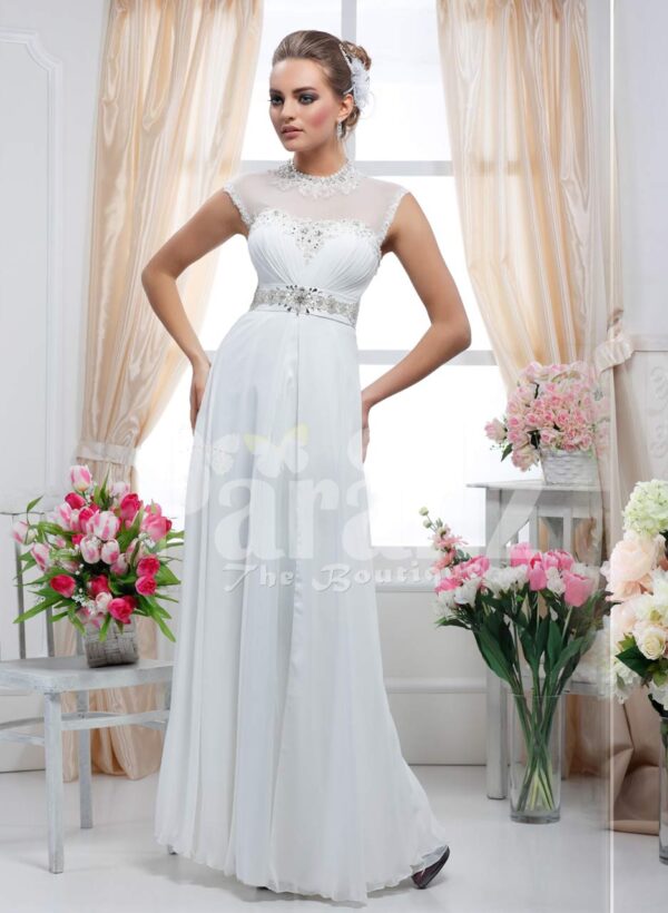 Women’s white floor length royal evening party gown with rich rhinestone work neckline