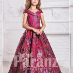 A long and formal cherry dress with elaborate designing for little girls