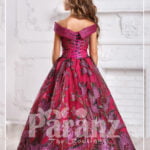 A long and formal cherry dress with elaborate designing for little girls back side view