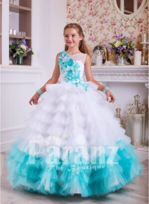 A long formal dress for little girls in white and coral green