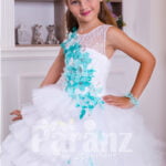 A long formal dress for little girls in white & coral green