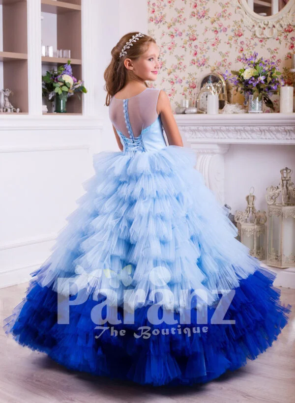 A majestic long formal dress for little girls in blue back side view