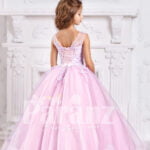 A plush and feminine formal pink dress for little girls back side view