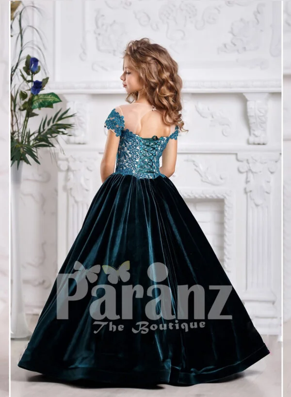 A sparkling blue formal dress for little girls to look dazzling back side view