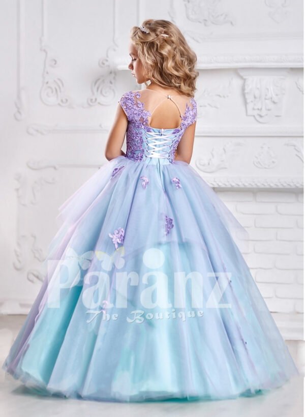 Smart and elegant formal dress for little girls in oceanic blue hue back side view