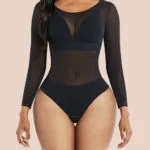 Black Long Sleeves Mesh Thong Bodysuit Shapewear Breathability