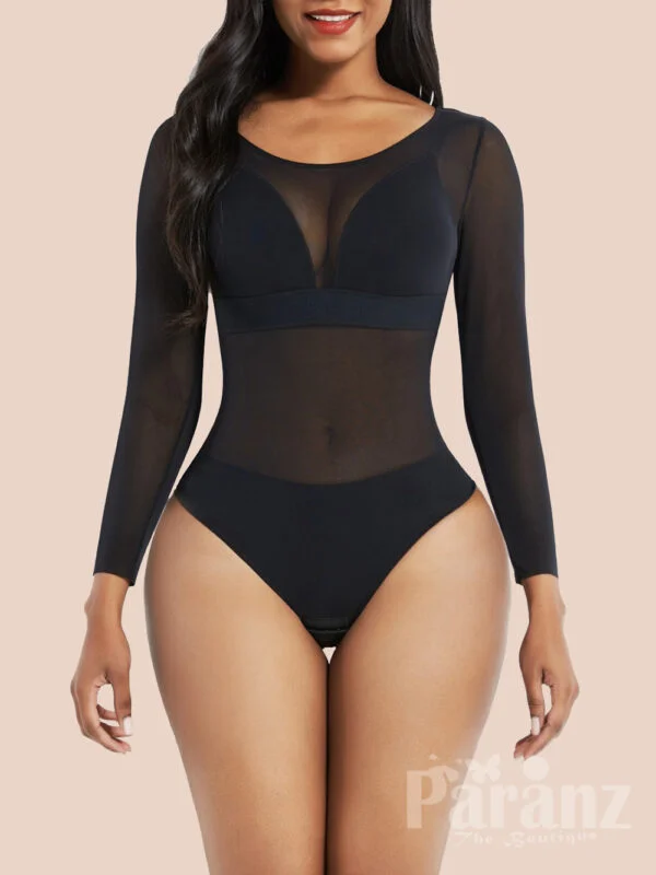 Black Long Sleeves Mesh Thong Bodysuit Shapewear Breathability