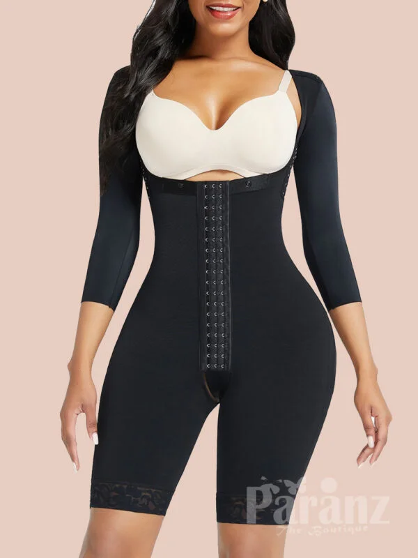 Black Lace Trim Hourglass Body Shaper With Sleeves Curve Shaper