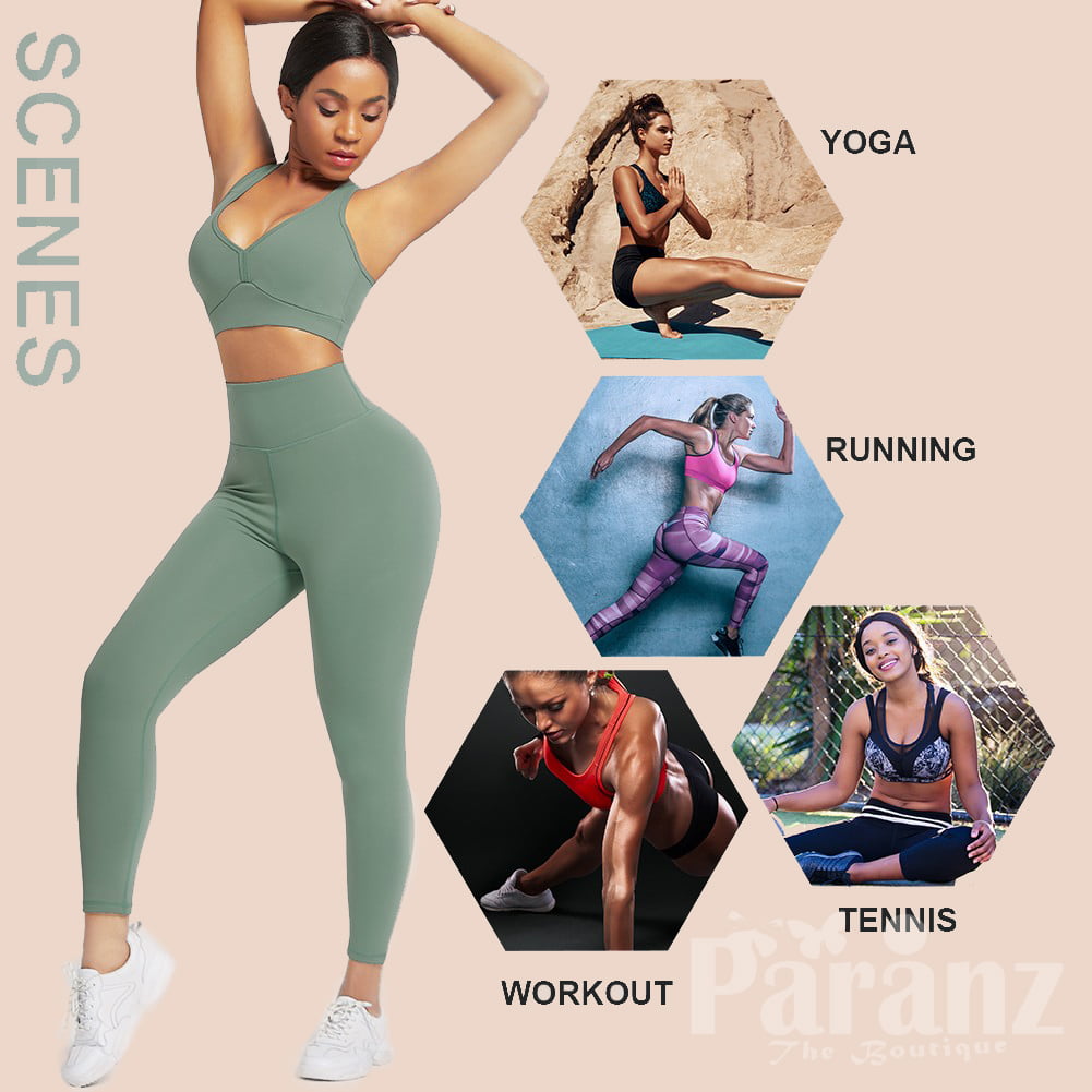 Green Deep-V Ankle Length Gym Leggings And Top Set Workout Active wear