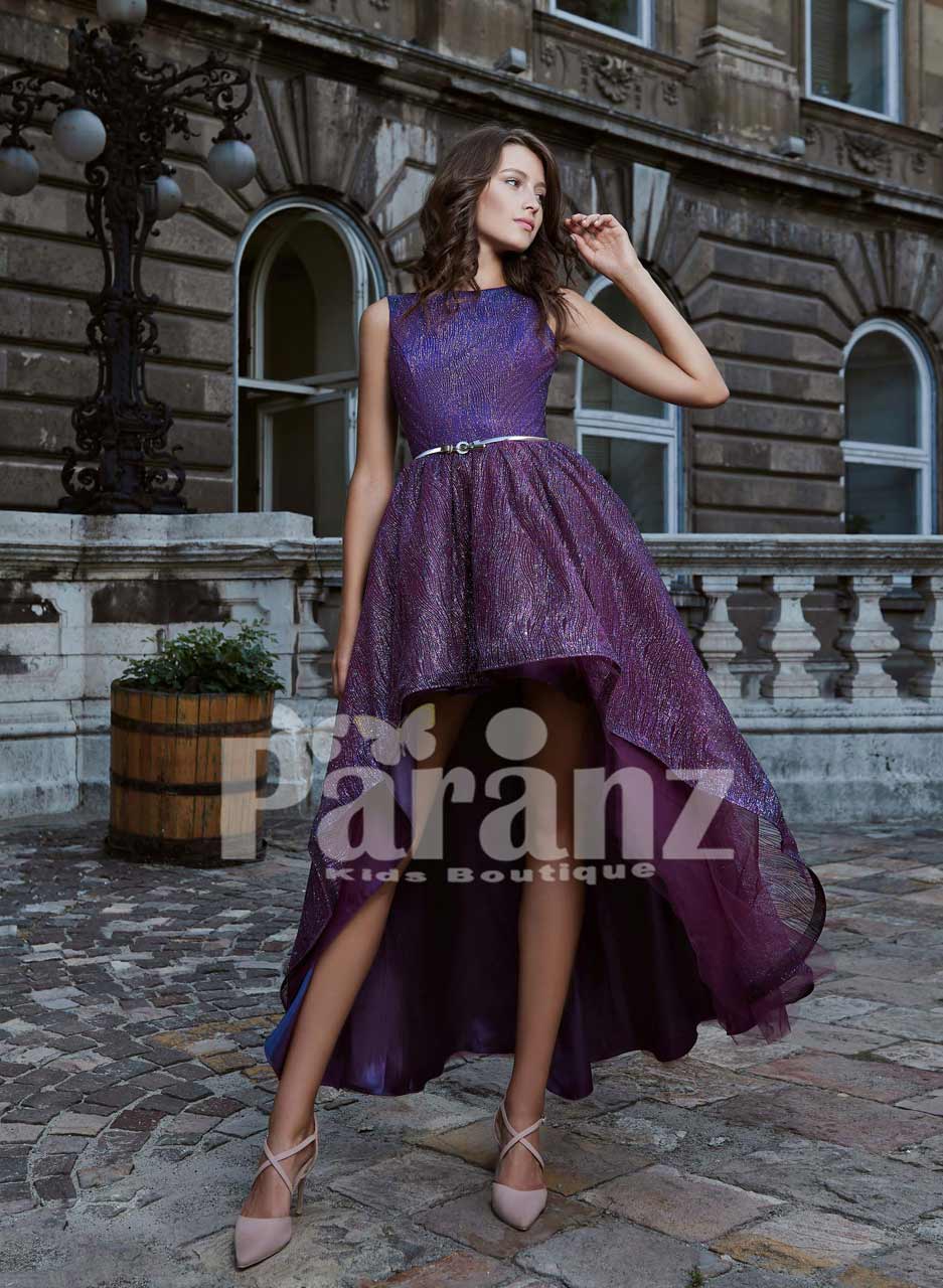 High-low multi-layer tulle skirt party dress with mid-belt and deep neck cut  back bodice