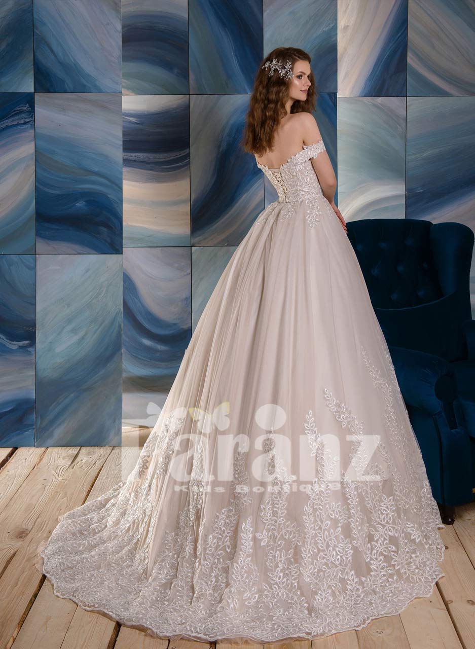 Long trail princess wedding dress with appliquéd hem tulle skirt and off- shoulder appliquéd bodice