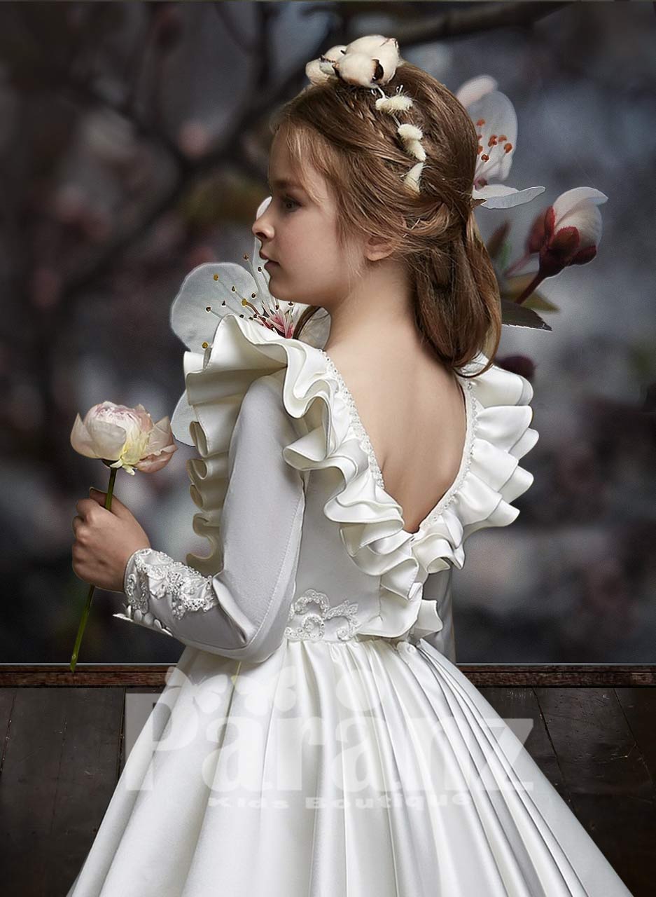 Royal long satin gown with net frill bodice and long sleeves