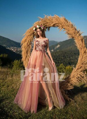 SIDE SLIT TULLE SKIRT PARTY GOWN WITH APPLIQUÉD BODICE FOR WOMEN