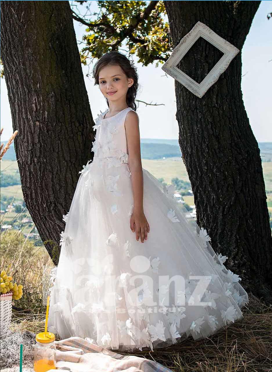 Sleeveless satin and net knit bodice with long tulle skirt with overall butterfly  appliqués