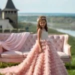 Ruffled Gown of Tulle in Peach