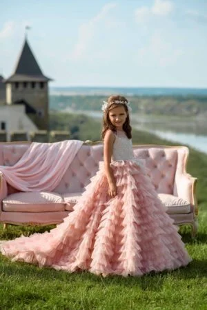 Ruffled Gown of Tulle in Peach